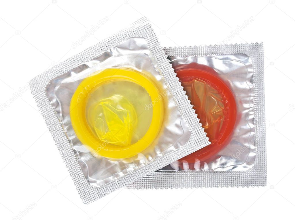 Close up of a colored condoms on white background