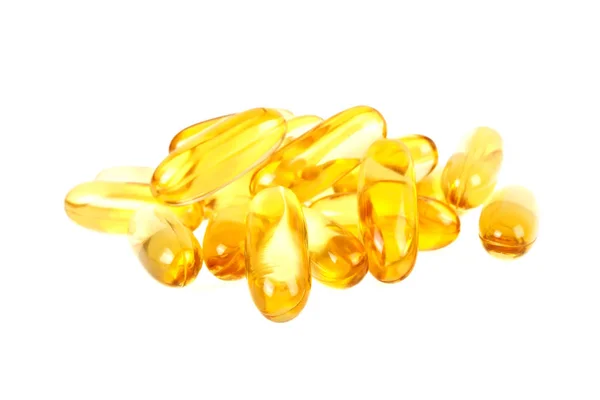 Olej z wątroby dorsza omega 3 kapsułki żelowe izolowane na białym tle — Zdjęcie stockowe