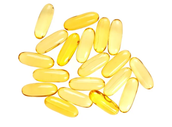 Kabeljauw leverolie omega 3 gel capsules geïsoleerd op witte achtergrond, — Stockfoto