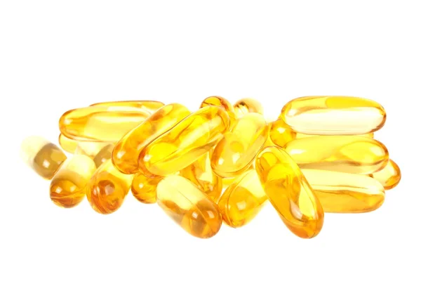 Kabeljauw leverolie omega 3 gel capsules geïsoleerd op witte achtergrond — Stockfoto