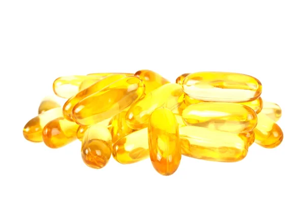 Kabeljauleberöl Omega-3-Gel-Kapseln isoliert auf weißem Hintergrund — Stockfoto