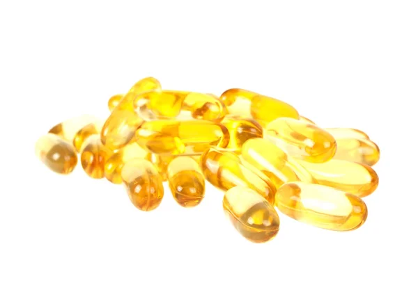 Kabeljauw leverolie omega 3 gel capsules geïsoleerd op witte achtergrond — Stockfoto