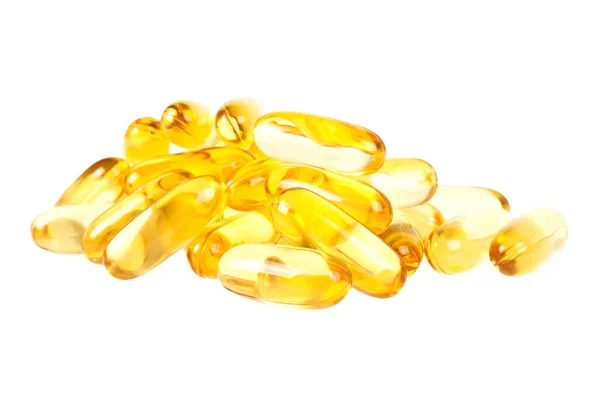 Kabeljauleberöl Omega-3-Gel-Kapseln isoliert auf weißem Hintergrund — Stockfoto