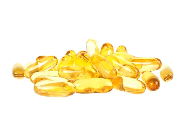 Tőkehal máj olaj omega 3 gél kapszula izolált fehér alapon — Stock Fotó