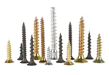 Beyaz arkaplanda çeşitli vidalar