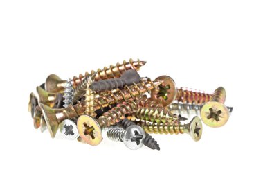 Beyaz arkaplanda çeşitli vidalar