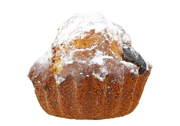 Cupcake aux raisins secs et sucre en poudre sur fond blanc — Photo