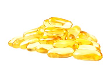Morina ciğeri yağı omega 3 jel kapsülleri beyaz arka planda izole