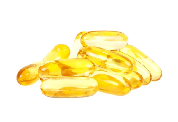 Tőkehal máj olaj omega 3 gél kapszula izolált fehér alapon — Stock Fotó