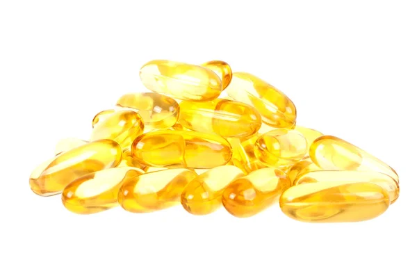 Kabeljauleberöl Omega-3-Gel-Kapseln isoliert auf weißem Hintergrund — Stockfoto