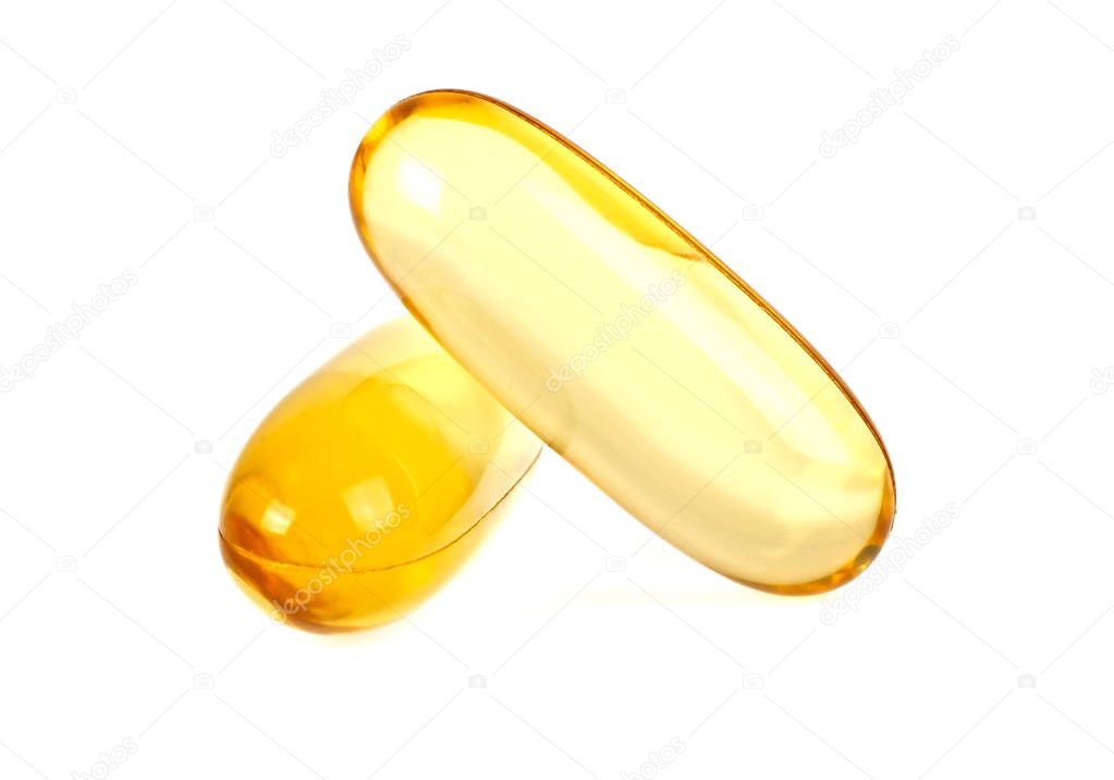 Omega 3 capsules from Fish Oil on a white background, close up