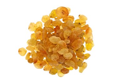 Beyaz arka plan üzerinde üstten görünüm izole sarı kuru üzüm