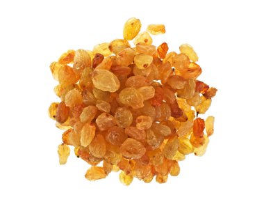 Beyaz arka plan üzerinde üstten görünüm izole sarı kuru üzüm