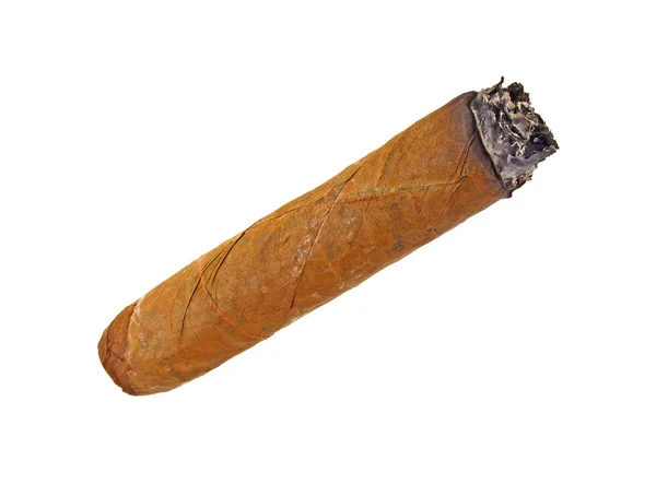 Brown cigar burned on white background, top view — Stock Photo, Image