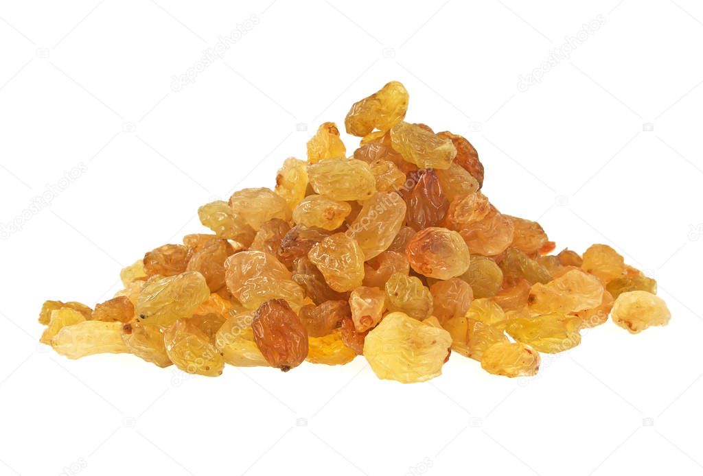 Yellow raisins isolated on white background