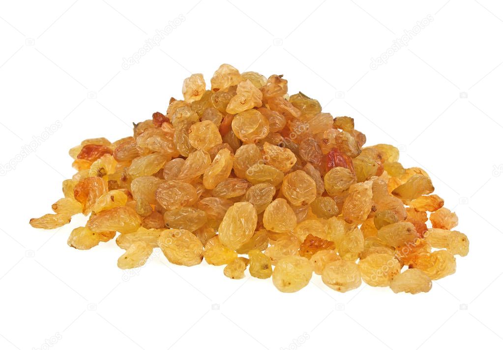 Yellow raisins isolated on white background