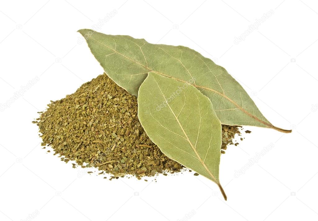 Bay leaves and crushed bay leaves isolated on white background