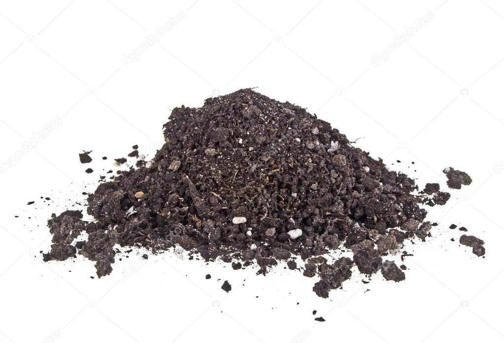 Pile heap of soil humus isolated on white background