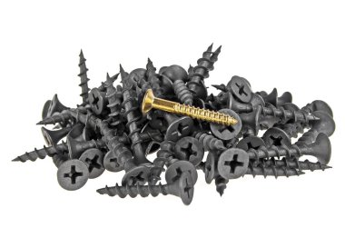 Siyah vidalar üzerinde beyaz backg izole bir yığın içinde bir altın vida