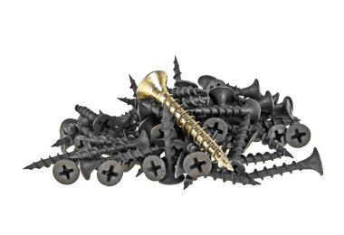 Siyah vidalar üzerinde beyaz backg izole bir yığın içinde bir altın vida