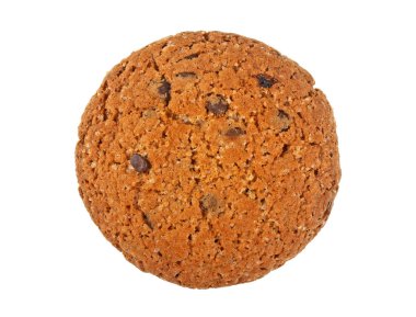 Beyaz arkaplanda izole edilmiş çikolatalı kurabiye, üst görünüm.