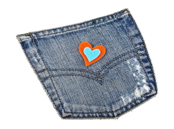 Bolso de jeans e coração colorido em um fundo branco — Fotografia de Stock