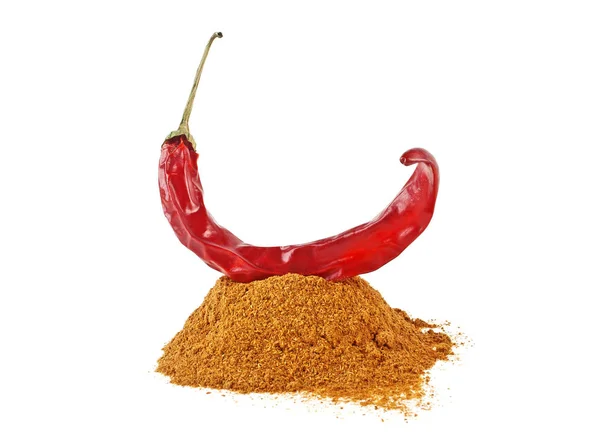 Red pepper with its powder on a white background — Stock Photo, Image