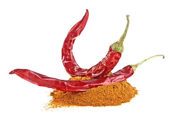 Red peppers with its powder on a white background — Stock Photo, Image