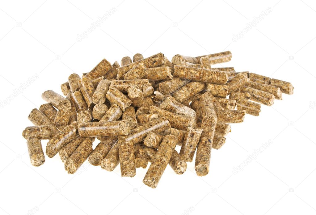 Pelleted compound feed Isolated on white background, wheatfeed p