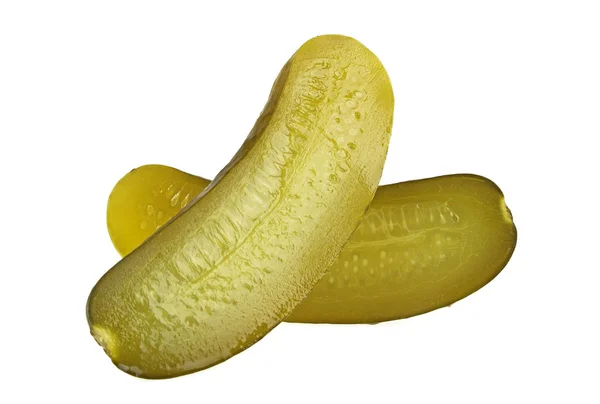 One pickled cucumber cut in half on white background — Stock Photo, Image