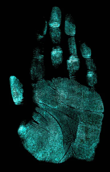 Impronta a mano su sfondo nero. Impronta a mano con lampada ultravioletta . — Foto Stock