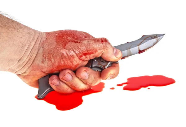 La mano ensangrentada sostiene un cuchillo en la sangre, un concepto criminal. Imag. —  Fotos de Stock