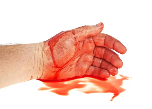 Mano de hombre con sangre sobre fondo blanco — Foto de Stock