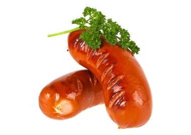 Lezzetli ızgara sosis ve dal maydanoz beyaz bir arka plan üzerinde