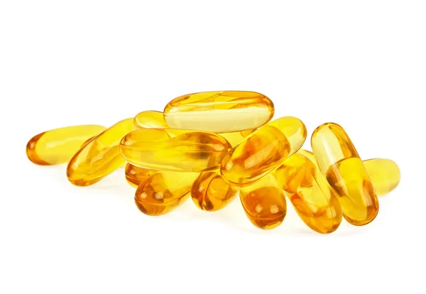 Kabeljauw leverolie omega 3 gel capsules geïsoleerd op witte achtergrond — Stockfoto