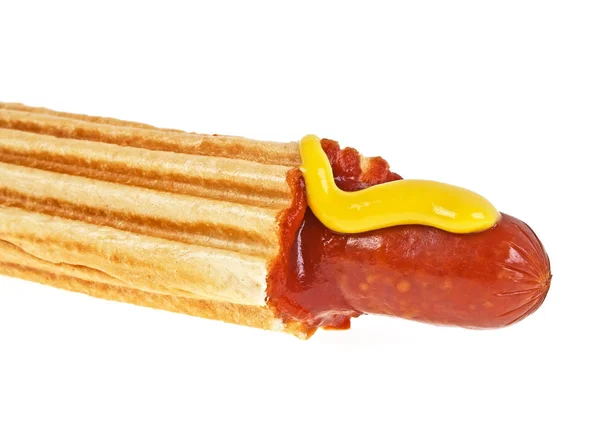 Franska varmkorv med ketchup och senap på vit bakgrund — Stockfoto