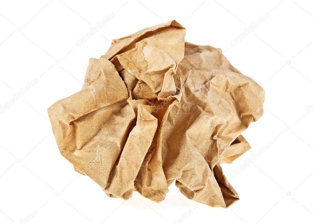 Crumpled brown paper on white background
