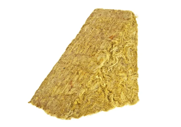 Sepotong tikar insulasi fiberglass kuning terisolasi pada punggung putih — Stok Foto