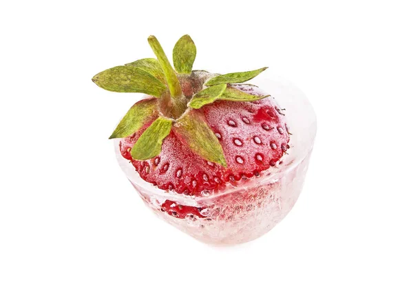 Close up of strawberry frozen in ice — Stock Photo, Image