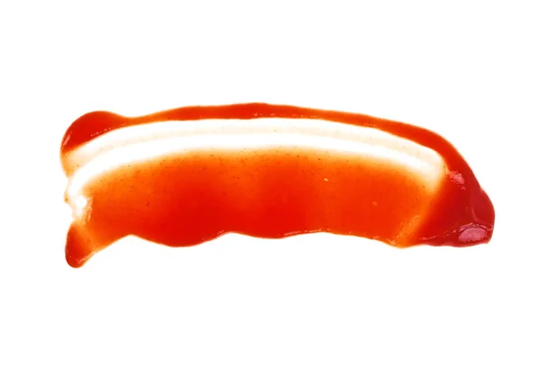 Röd ketchup stänk isolerade på vit bakgrund, ovanifrån — Stockfoto