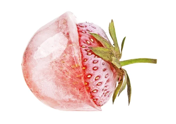 Close up of strawberry frozen in ice on a white background — Stock Photo, Image