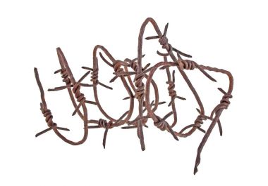 Eski paslı metal dikenli beyaz bir arka plan üzerinde izole tel