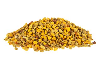 Beyaz arkaplanda arı poleni taneleri