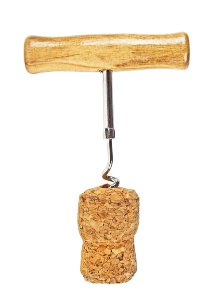 Corkscrew and wine cork isolated on white background — Stock Photo, Image