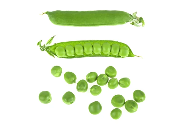 Cialde e piselli verdi freschi su sfondo bianco, vista dall'alto — Foto Stock