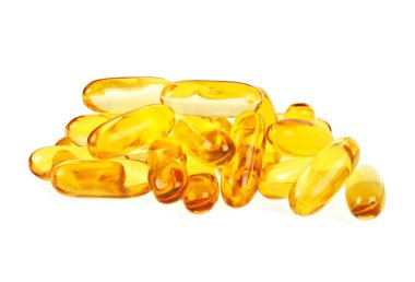 Beyaz bir arka plan üzerinde izole omega 3 balık yağı kapsülleri