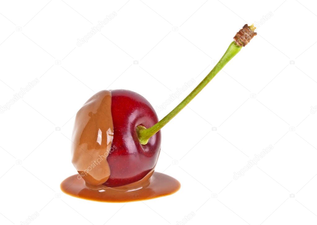 Cherry in chocolate on a white background