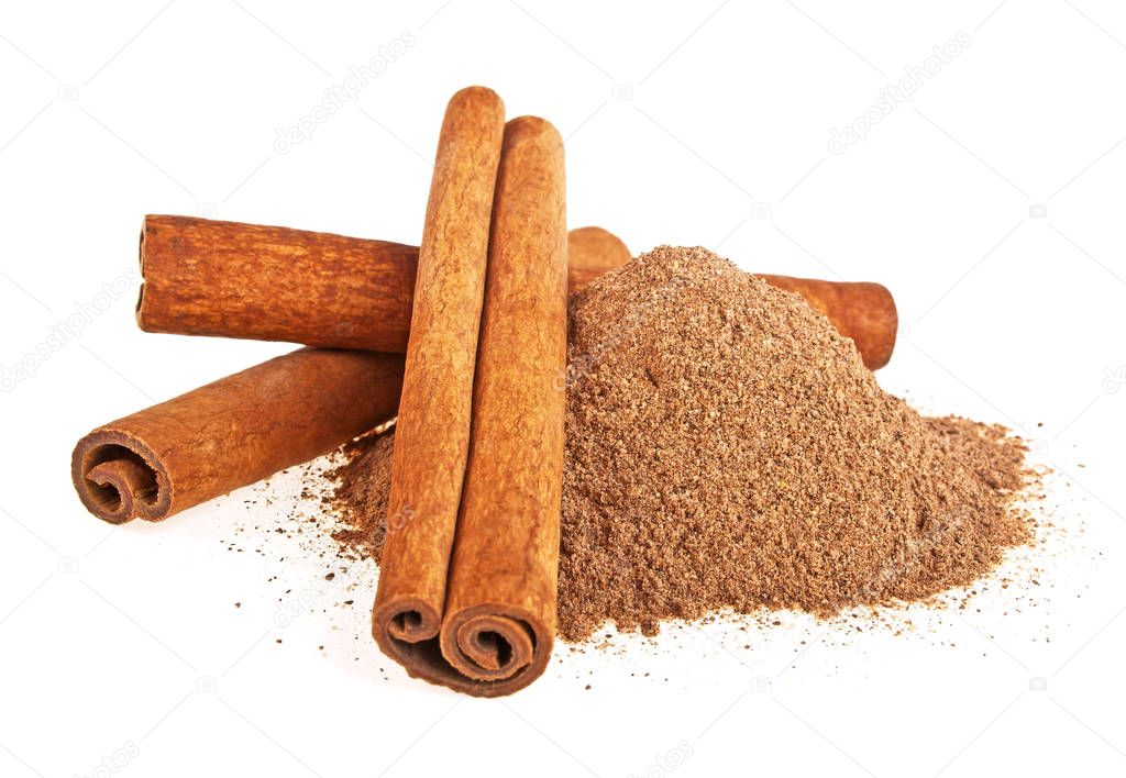 Cinnamon sticks and powder isolated on a white background