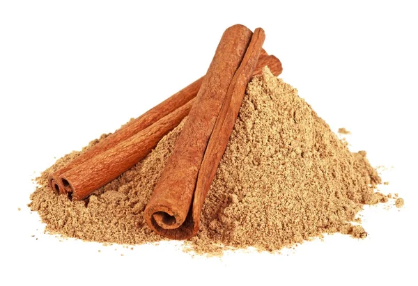 Cinnamon powder and sticks on a white background — Stock Photo, Image