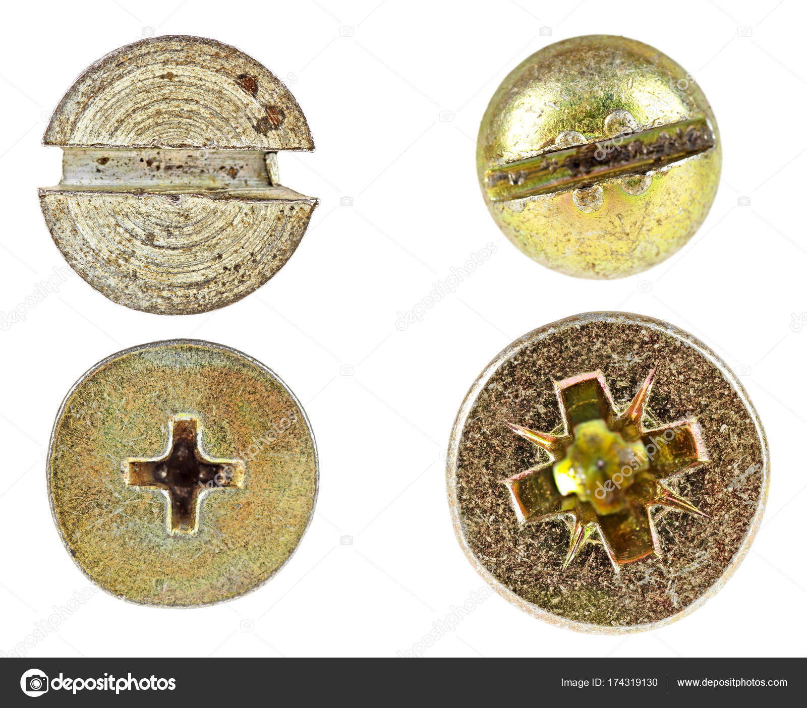 Set of different screw heads isolated on white background Stock Photo